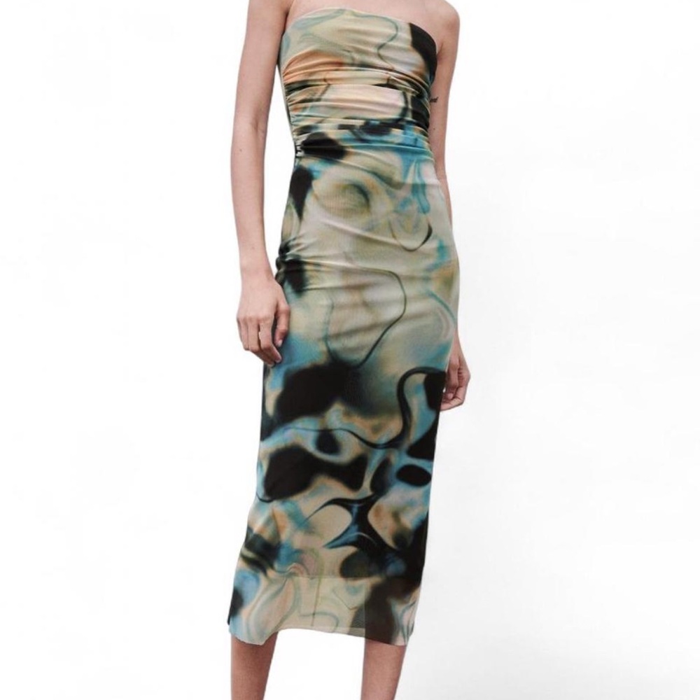 Zara Strapless Dress in Blue and Cream